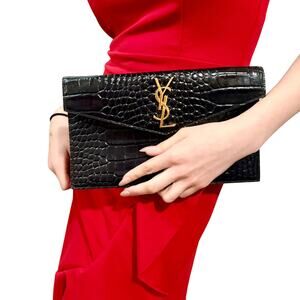 Saint Laurent YSL Uptown Pouch Black Croc Embossed Leather Gold Logo Clutch NWOT